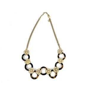 J Crew Necklace Tortoise Shell Statement Gold Flowers Rhinestone Link Chain